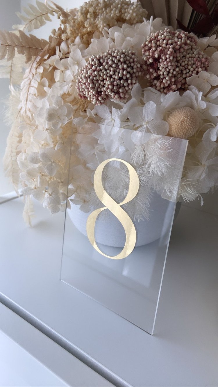 Belle Clear Acrylic With Gold Decal Table Numbers - For Purchase or Hire