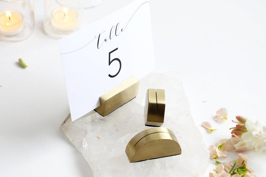 Belle Geo Brass Assorted Table Number Holders (HIRE ONLY)