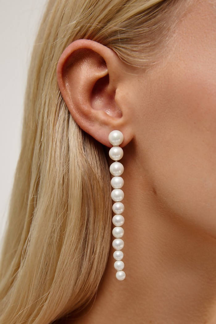 OLYMPIA - LONG PEARL CHAIN WEDDING EARRINGS - SILVER