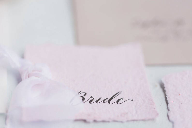SYBIL | Pink Handmade paper place card/escort card with silk detail