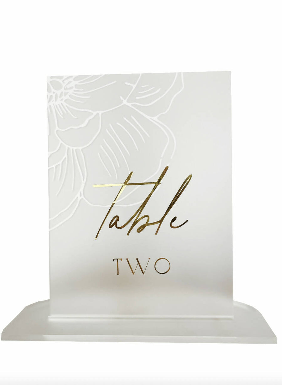 Frosted Clear And Gold Floral Table Numbers A5 Hire